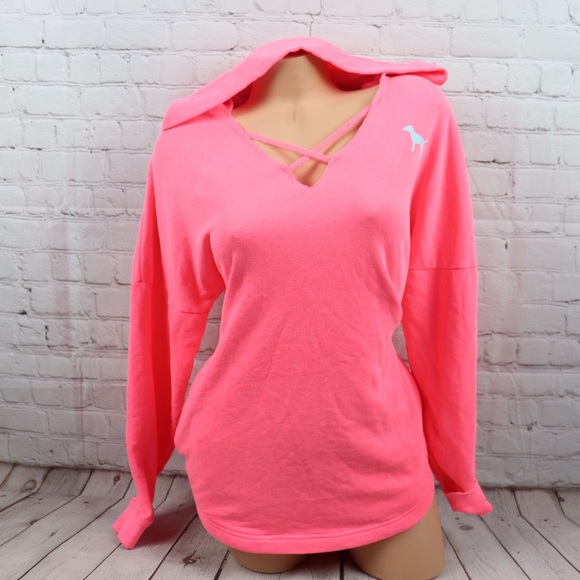 VS PINK Love Pink Lace Up Sweatshirt Hoodie - Picture 3 of 7